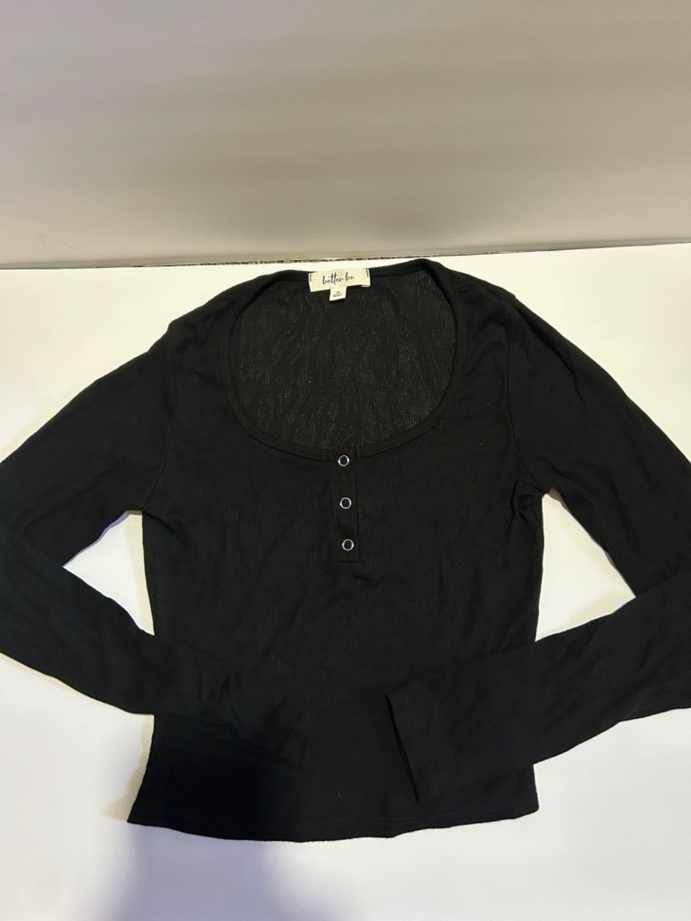 Cropped Black Ribbed Scoop-Neck Henley Long Sleeve